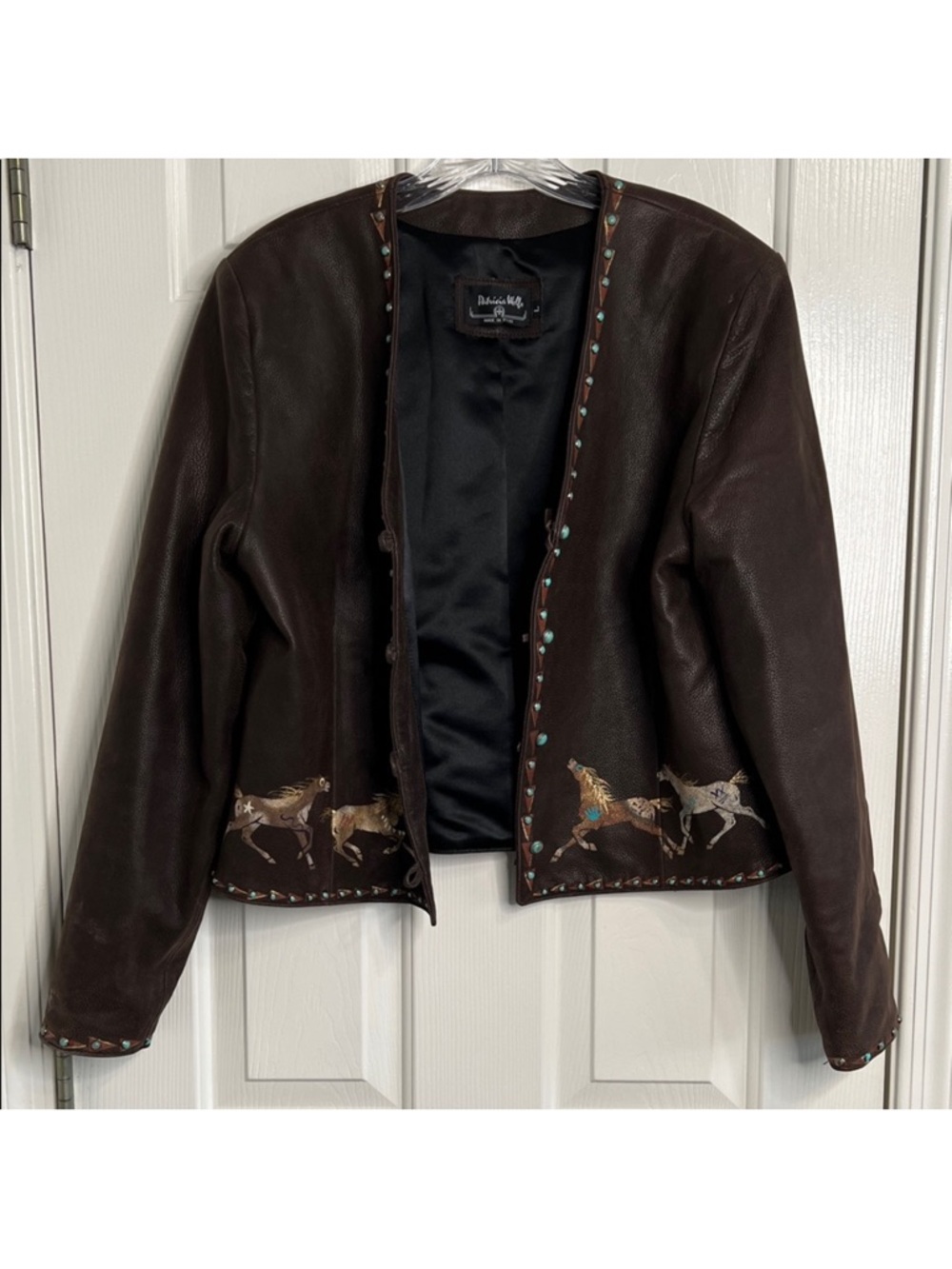 Patricia Wolf hand painted Indian ponies Leather Jacket Turquoise Studs L EUC - Picture 6 of 10